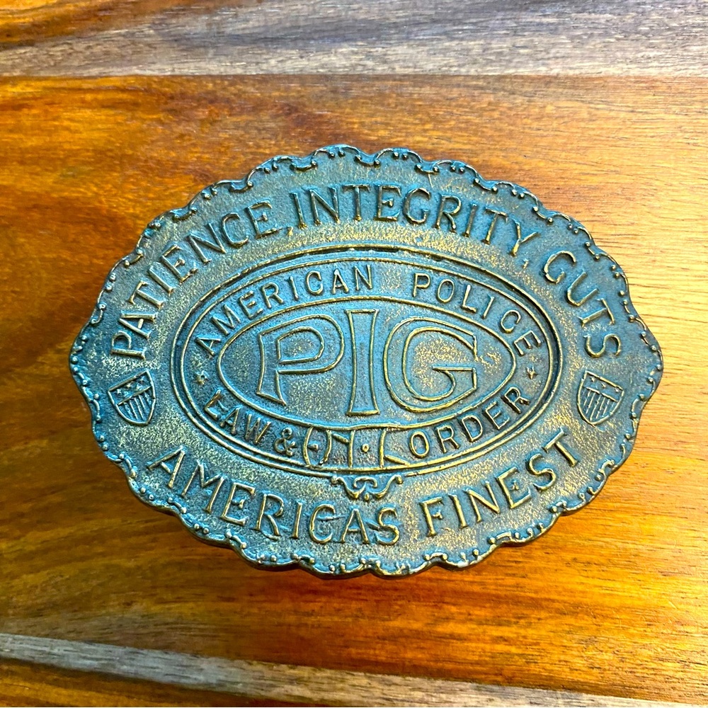 Belt Buckle Police "Patience, Integrity, Guts" PIG Rare Brass American Vintage